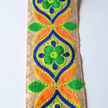Beige Art Silk Fabric Trim With Orange, Green, Blue And Yellow Floral Embroidery